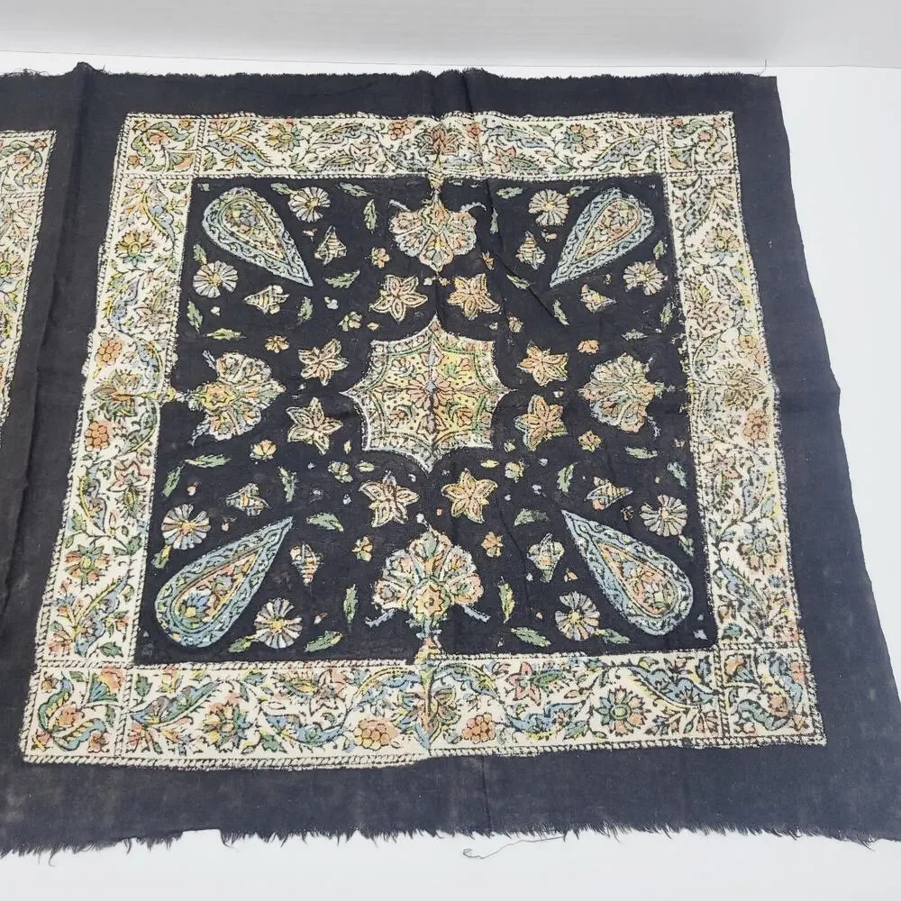 Vintage Turkish Black Mandala Floral Paisley Fabric Panels Turkey Made 2 Piece